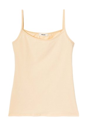 Débardeur couleur pêche avec des fines bretelles, un décolleté arrondi et un tissu doux et lisse. L'étiquette indique "PROMOD" à l'intérieur.
