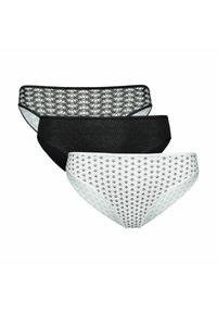 Trzy pary bielizny damskiej: jedna czarna z koronkowym wykończeniem, jedna całkowicie czarna oraz jedna biała w kwiatowy wzór, wszystkie o wysokim kroju.