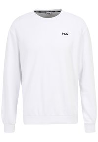 Felpa bianca a maniche lunghe in cotone, con colletto tondo, polsini a costine e un piccolo logo Fila nero sul petto.