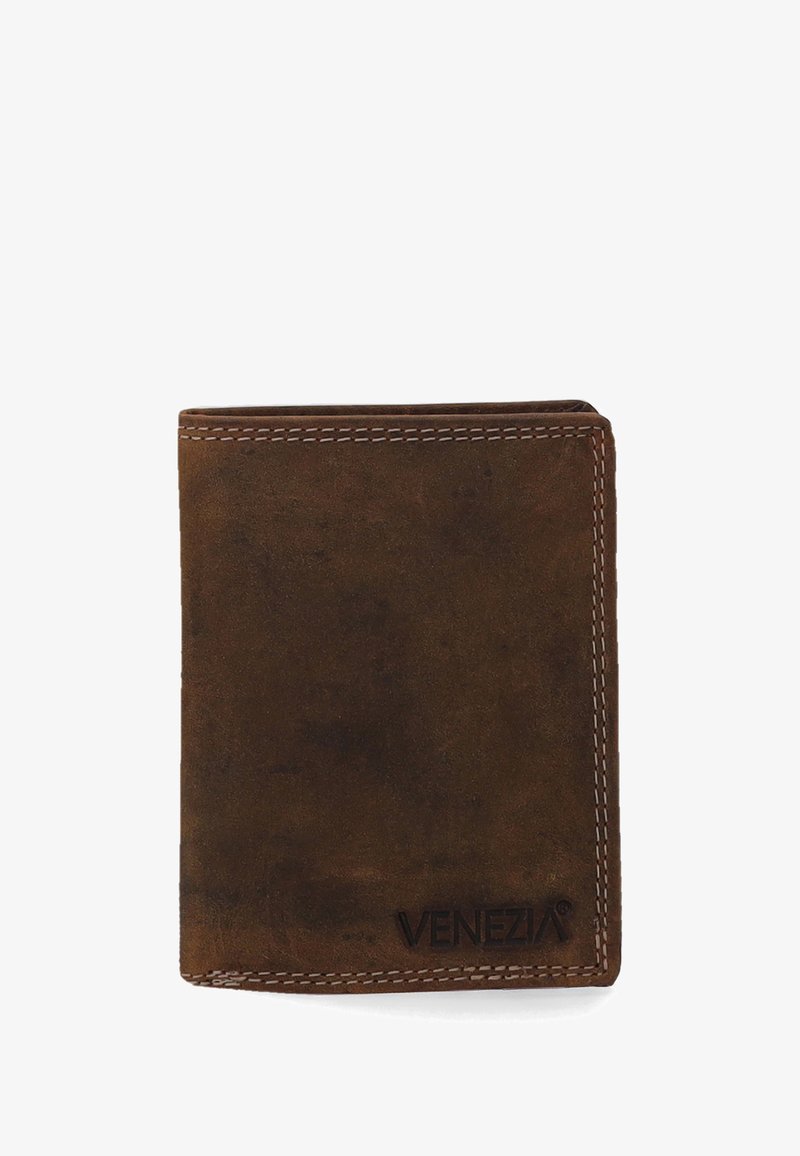 Braunes Lederportemonnaie mit strukturiertem Oberflächen, kontrastierender Naht und dem geprägten "VENEZIA"-Logo in der unteren rechten Ecke.