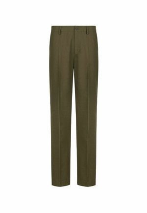 Olivgrüne, maßgeschneiderte Hose mit Gürtelschlaufen, vorderer Knopfverschluss und gebügelten Bügelfalten an jedem Bein.