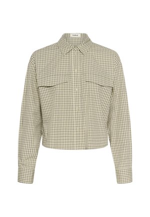 Kurzes Hemd mit Knopfleiste im beige-grau karierten Muster, ausgestattet mit spitzem Kragen, zwei aufgesetzten Taschen vorne und langen Ärmeln mit geknöpften Manschetten.