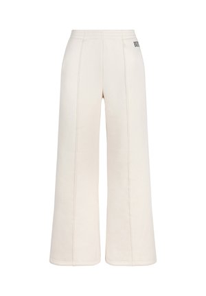 Off-white wijde broek met een elastische tailleband en zichtbare verticale naden, met een klein zwart logo op de rechterheup.