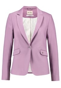 Liliowy żakiet wykonany z gładkiej tkaniny, zapinany na jeden guzik, z dwoma przednimi kieszeniami oraz z ozdobnym wzorem podszewki wewnętrznej.