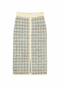Gewebter Midirock in Blau und Creme, mit kariertem Muster, elastischem Bund und Schlitz vorne. Strukturierter Stoff mit weichem Finish.