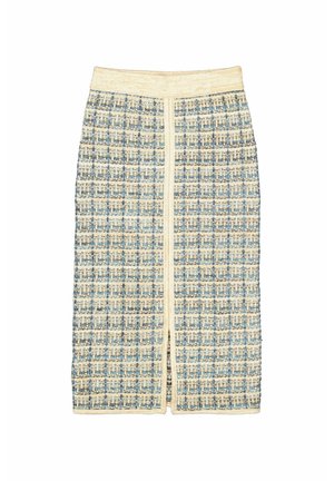 Geweven midijurk in blauw en crème, met een geruit patroon, elastische tailleband en een split aan de voorkant. Textuurstof met een zachte afwerking.