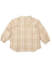 Camisa de cuadros de manga larga hecha de una tela ligera en colores beige y crema, con un corte relajado y mangas fruncidas.