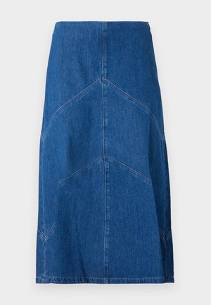 Jupe crayon en denim bleu foncé avec des coutures verticales et une silhouette droite. Comprend une taille et un ourlet brut.