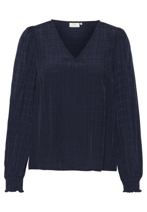 Navy blue long-sleeve blouse with subtle checkered pattern, V-neck, gathered cuffs, and slight puff shoulders.