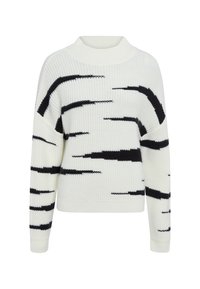 Knit sweater in cream with black abstract stripes. Features a high neckline and ribbed cuffs. Made from textured fabric.