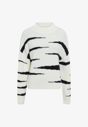 Strickpullover in Creme mit schwarzen abstrakten Streifen. Mit einem hohen Kragen und gerippten Bündchen. Hergestellt aus strukturiertem Stoff.