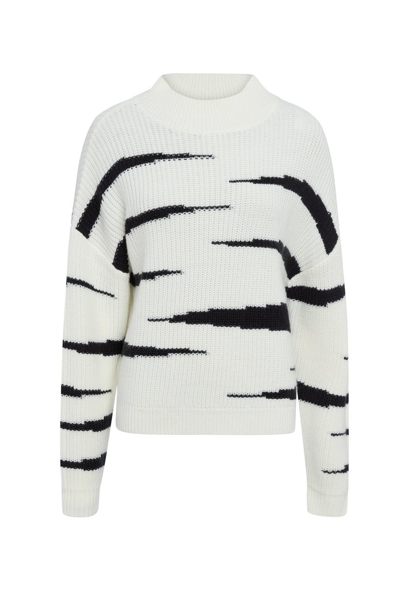 Knit sweater in cream with black abstract stripes. Features a high neckline and ribbed cuffs. Made from textured fabric.
