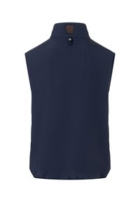Marineblaue ärmellose Weste aus glattem, leichtem Material mit hohem Kragen, einer Rückentasche und einem Logo-Patch am Ausschnitt.