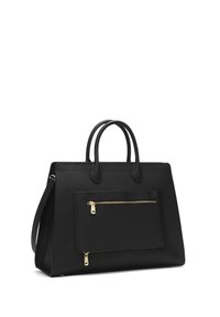 Black leather tote bag with double handles, a rectangular shape, textured surface, and a front zippered pocket with gold hardware accents.