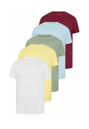Fem enkle crewneck T-shirts stablet, farverne hvid, gul, olivengrøn, lyseblå og burgunder, hver med et lille logo på brystet.