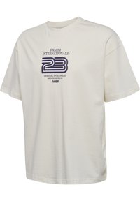 Witte katoen T-shirt met een ontspannen pasvorm, voorzien van een marineblauwe grafische print met de tekst "SWARM INTERNATIONALS 23 ORIGINAL SPORTSWEAR."