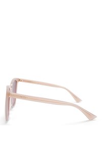 Rosafarbene transparente Sonnenbrille mit rechteckigen Rahmen, glatt verarbeitet und mit leicht gebogenen Bügeln. Goldene Markenzeichen auf den Bügeln.