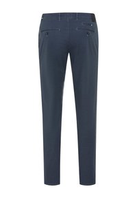 Navy blue tailored pants with two buttoned back pockets, a slim fit, and belt loops, shown from the rear on a white background.