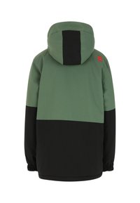 Giacca con cappuccio verde e nera con polsini elasticizzati e un logo sulla schiena. Presenta un design a blocchi di colore e una texture del tessuto liscia.