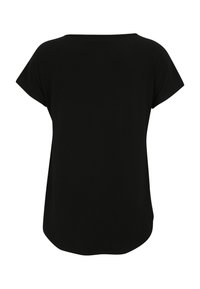Black short-sleeve women’s t-shirt with a round neckline, shown from the back on a plain white background.