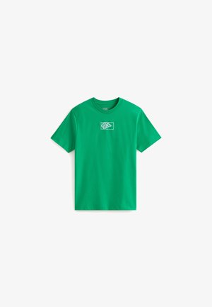 Green cotton t-shirt with short sleeves, crew neck, and a white rectangular Vans logo on the chest. Smooth texture and classic fit.