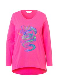 Langärmliges pinkes T-Shirt aus weichem Baumwollstoff mit einem bunten Drachenmotiv in Blau- und Grüntönen sowie Blitzmotiven.