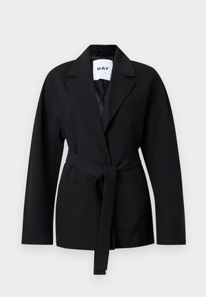 Black blazer with a notched lapel, tie waist, and front pockets. Made from soft fabric, featuring a smooth texture and tailored fit.
