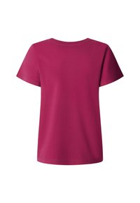 Fuksijos spalvos trumpomis rankovėmis marškinėliai, pagaminti iš medvilnės, su klasikiniu apvaliu kaklu ir lygiu audiniu, tiesia apatine dalimi.