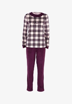 Top a maniche lunghe a scacchi viola, nero e bianco con testo "Caffeine"; abbinato a pantaloni in pile viola solidi. Tessuto morbido, vestibilità rilassata.