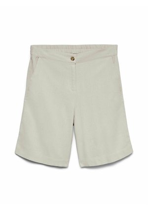 Lysebeige dame shorts med elastisk taljebånd, knaplukning foran, sidelommer og knælængde.