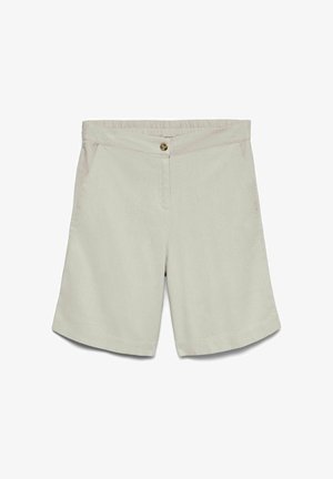 Lysebeige dame shorts med elastisk taljebånd, knaplukning foran, sidelommer og knælængde.