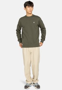 Felpa verde oliva con collo a giro e polsini a costine, abbinata a pantaloni beige larghi e sneaker con fantasia.