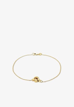 Bracelet en chaîne d'or délicate avec un fermoir circulaire entremêlé d'une barre d'or lisse en tant qu'élément décoratif central.