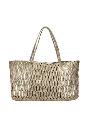 Borsa tote rettangolare in paglia intrecciata beige con due manici e un motivo aperto e arioso, su sfondo bianco semplice.