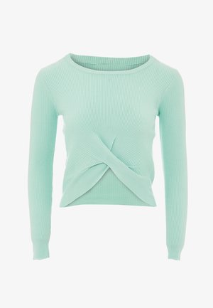 Minttuvihreä ribbi pitkähihaine paita, jossa on kierretty etuosa, ja siinä on klassinen pyöreä pääntie ja tiukka siluetti.