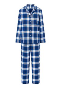 Conjunto de pijama a cuadros azules y blancos que incluye una camisa de botones con cuello y mangas largas, acompañada de pantalones holgados a juego.