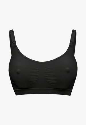 Schwarzer BH aus glattem Stoff, mit breiten Trägern und einem runden Ausschnitt. Mit gerafften Details an der Brust und einem nahtlosen Design.