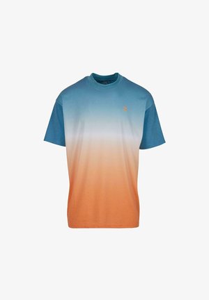 Kurzarm-T-Shirt in einem Farbverlauf von Blau und Orange, aus Baumwolle gefertigt, mit einem Logo-Detail auf der Brust. Glatte Textur, Rundhalsausschnitt.