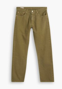 Pantalon droit couleur vert olive en coton, avec fermeture frontale à boutons, cinq poches et détails en métal cuivré.