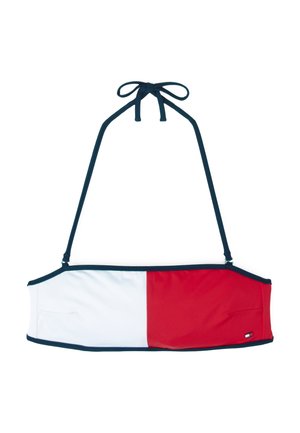 Bandeau bikini top in a color-block design featuring red and white panels with dark blue straps and trim. Smooth, stretchy fabric.