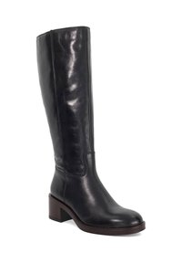 Black leather knee-high boot with a smooth texture, rounded toe, and a low block heel. Features minimal stitching and a sleek design.