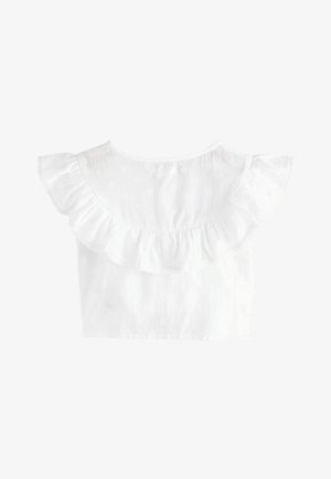 Balts kokvilnas tops ar kroņotiem piedurknēm, teksturētu audumu ar smalkām ziedu rakstām un apaļu kakla izgriezumu.