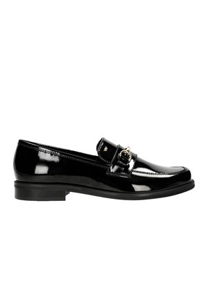 Black patent leather loafers featuring a strap and gold-tone hardware, with a flat sole and stitched detailing along the edges.