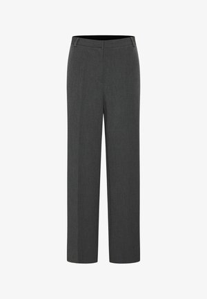 Grijze op maat gemaakte broeken met een recht gesneden ontwerp, gemaakt van een soepele stof, met een flat front en een subtiele textuurafwerking.