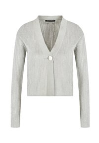 Cardigan grigio chiaro realizzato in tessuto testurizzato, con maniche lunghe, scollatura a V e chiusura con un solo pulsante frontale.