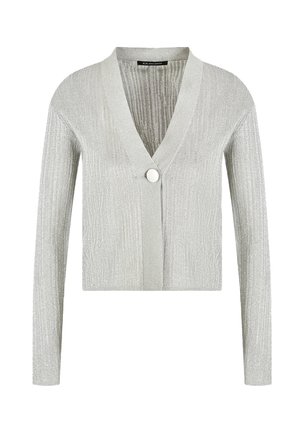 Cardigan grigio chiaro realizzato in tessuto testurizzato, con maniche lunghe, scollatura a V e chiusura con un solo pulsante frontale.