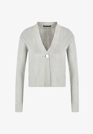 Cardigan grigio chiaro realizzato in tessuto testurizzato, con maniche lunghe, scollatura a V e chiusura con un solo pulsante frontale.