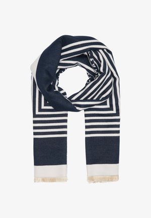 Navy and white striped scarf made of soft fabric, featuring a geometric pattern and fringed edges for added detail.