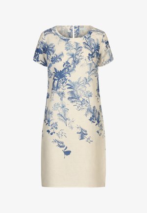 Cream short-sleeve dress with round neckline, featuring blue botanical and floral print cascading diagonally from shoulder to hem.