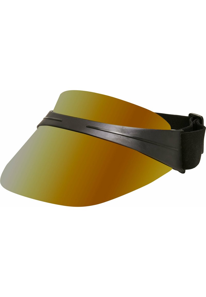 Visière noire avec un large lentille teintée jaunâtre et courbée. Sangle ajustable pour un maintien sûr. Fini lisse avec de subtiles rainures sur le bord de la lentille.